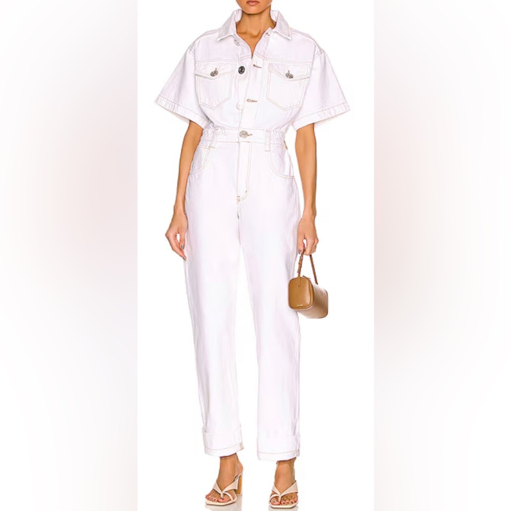 FRAME Oversized Detail Denim Jumpsuit, White, sz S